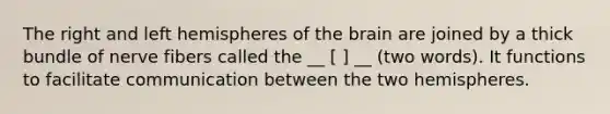 The right and left hemispheres of <a href='https://www.questionai.com/knowledge/kLMtJeqKp6-the-brain' class='anchor-knowledge'>the brain</a> are joined by a thick bundle of nerve fibers called the __ [ ] __ (two words). It functions to facilitate communication between the two hemispheres.