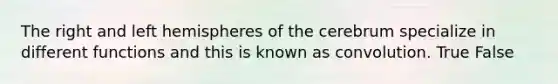 The right and left hemispheres of the cerebrum specialize in different functions and this is known as convolution. True False