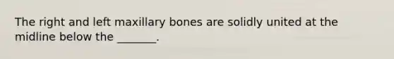 The right and left maxillary bones are solidly united at the midline below the _______.