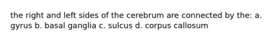 the right and left sides of the cerebrum are connected by the: a. gyrus b. basal ganglia c. sulcus d. corpus callosum