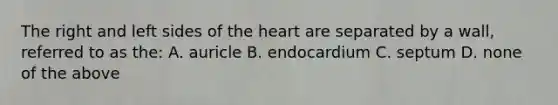 The right and left sides of the heart are separated by a wall, referred to as the: A. auricle B. endocardium C. septum D. none of the above