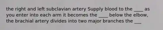 the right and left subclavian artery Supply blood to the ____ as you enter into each arm it becomes the ____ below the elbow, the brachial artery divides into two major branches the ___