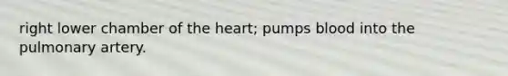 right lower chamber of the heart; pumps blood into the pulmonary artery.