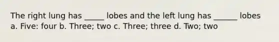 The right lung has _____ lobes and the left lung has ______ lobes a. Five: four b. Three; two c. Three; three d. Two; two