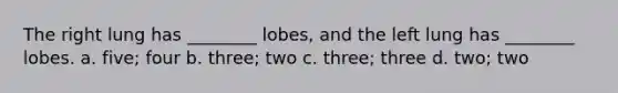 The right lung has ________ lobes, and the left lung has ________ lobes. a. five; four b. three; two c. three; three d. two; two