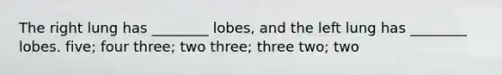 The right lung has ________ lobes, and the left lung has ________ lobes. five; four three; two three; three two; two