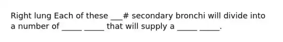 Right lung Each of these ___# secondary bronchi will divide into a number of _____ _____ that will supply a _____ _____.