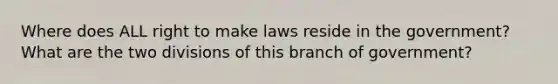 Where does ALL right to make laws reside in the government? What are the two divisions of this branch of government?