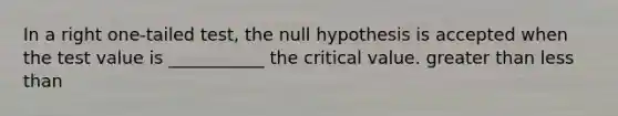 In a right one-tailed test, the null hypothesis is accepted when the test value is ___________ the critical value. <a href='https://www.questionai.com/knowledge/ktgHnBD4o3-greater-than' class='anchor-knowledge'>greater than</a> <a href='https://www.questionai.com/knowledge/k7BtlYpAMX-less-than' class='anchor-knowledge'>less than</a>