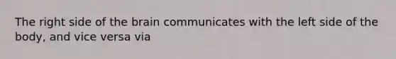 The right side of <a href='https://www.questionai.com/knowledge/kLMtJeqKp6-the-brain' class='anchor-knowledge'>the brain</a> communicates with the left side of the body, and vice versa via