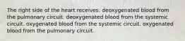 The right side of the heart receives: deoxygenated blood from the pulmonary circuit. deoxygenated blood from the systemic circuit. oxygenated blood from the systemic circuit. oxygenated blood from the pulmonary circuit.