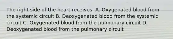 The right side of the heart receives: A. Oxygenated blood from the systemic circuit B. Deoxygenated blood from the systemic circuit C. Oxygenated blood from the pulmonary circuit D. Deoxygenated blood from the pulmonary circuit