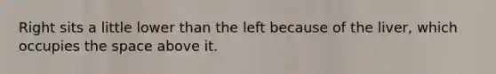 Right sits a little lower than the left because of the liver, which occupies the space above it.