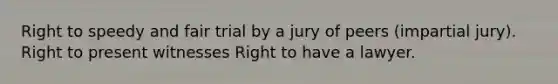 Right to speedy and fair trial by a jury of peers (impartial jury). Right to present witnesses Right to have a lawyer.