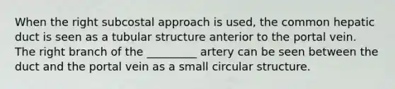 When the right subcostal approach is used, the common hepatic duct is seen as a tubular structure anterior to the portal vein. The right branch of the _________ artery can be seen between the duct and the portal vein as a small circular structure.