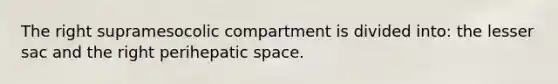 The right supramesocolic compartment is divided into: the lesser sac and the right perihepatic space.