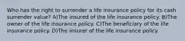 Who has the right to surrender a life insurance policy for its cash surrender value? A)The insured of the life insurance policy. B)The owner of the life insurance policy. C)The beneficiary of the life insurance policy. D)The insurer of the life insurance policy.