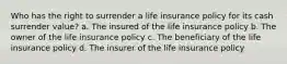 Who has the right to surrender a life insurance policy for its cash surrender value? a. The insured of the life insurance policy b. The owner of the life insurance policy c. The beneficiary of the life insurance policy d. The insurer of the life insurance policy