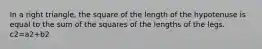 In a right triangle, the square of the length of the hypotenuse is equal to the sum of the squares of the lengths of the legs. c2=a2+b2