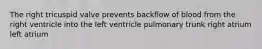 The right tricuspid valve prevents backflow of blood from the right ventricle into the left ventricle pulmonary trunk right atrium left atrium