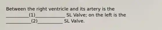 Between the right ventricle and its artery is the __________(1)_____________ SL Valve; on the left is the ___________(2)___________ SL Valve.