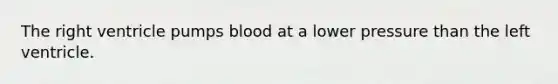 The right ventricle pumps blood at a lower pressure than the left ventricle.