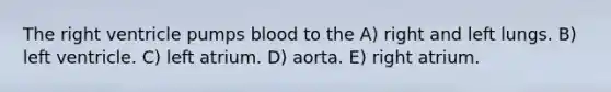 The right ventricle pumps blood to the A) right and left lungs. B) left ventricle. C) left atrium. D) aorta. E) right atrium.