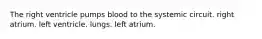 The right ventricle pumps blood to the systemic circuit. right atrium. left ventricle. lungs. left atrium.