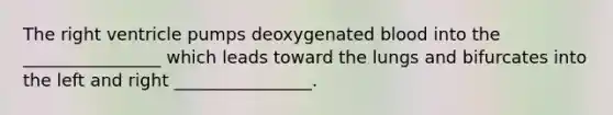 The right ventricle pumps deoxygenated blood into the ________________ which leads toward the lungs and bifurcates into the left and right ________________.