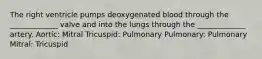 The right ventricle pumps deoxygenated blood through the _____________ valve and into the lungs through the _____________ artery. Aortic: Mitral Tricuspid: Pulmonary Pulmonary: Pulmonary Mitral: Tricuspid