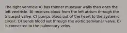 The right ventricle A) has thinner muscular walls than does the left ventricle. B) receives blood from the left atrium through the tricuspid valve. C) pumps blood out of the heart to the systemic circuit. D) sends blood out through the aortic semilunar valve. E) is connected to the pulmonary veins.