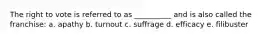 The right to vote is referred to as __________ and is also called the franchise: a. apathy b. turnout c. suffrage d. efficacy e. filibuster