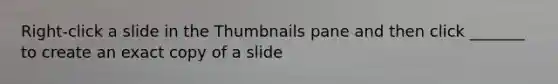 Right-click a slide in the Thumbnails pane and then click _______ to create an exact copy of a slide