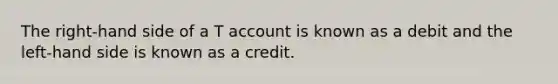 The right-hand side of a T account is known as a debit and the left-hand side is known as a credit.