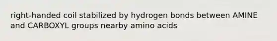 right-handed coil stabilized by hydrogen bonds between AMINE and CARBOXYL groups nearby amino acids