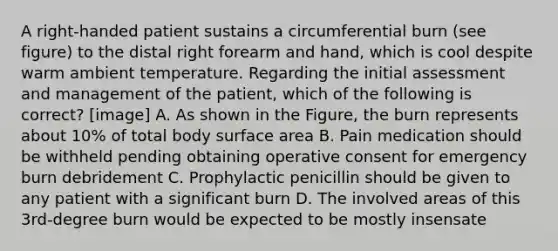 A right-handed patient sustains a circumferential burn (see figure) to the distal right forearm and hand, which is cool despite warm ambient temperature. Regarding the initial assessment and management of the patient, which of the following is correct? [image] A. As shown in the Figure, the burn represents about 10% of total body surface area B. Pain medication should be withheld pending obtaining operative consent for emergency burn debridement C. Prophylactic penicillin should be given to any patient with a significant burn D. The involved areas of this 3rd-degree burn would be expected to be mostly insensate