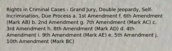 Rights in Criminal Cases - Grand Jury, Double Jeopardy, Self-Incrimination, Due Process a. 1st Amendment f. 6th Amendment (Mark AB) b. 2nd Amendment g. 7th Amendment (Mark AC) c. 3rd Amendment h. 8th Amendment (Mark AD) d. 4th Amendment i. 9th Amendment (Mark AE) e. 5th Amendment j. 10th Amendment (Mark BC)