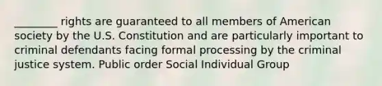 ________ rights are guaranteed to all members of American society by the U.S. Constitution and are particularly important to criminal defendants facing formal processing by <a href='https://www.questionai.com/knowledge/kuANd41CrG-the-criminal-justice-system' class='anchor-knowledge'>the criminal justice system</a>. Public order Social Individual Group