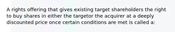 A rights offering that gives existing target shareholders the right to buy shares in either the targetor the acquirer at a deeply discounted price once certain conditions are met is called a: