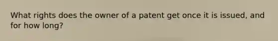 What rights does the owner of a patent get once it is issued, and for how long?