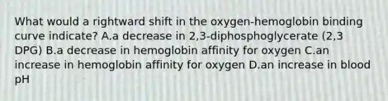 What would a rightward shift in the oxygen-hemoglobin binding curve indicate? A.a decrease in 2,3-diphosphoglycerate (2,3 DPG) B.a decrease in hemoglobin affinity for oxygen C.an increase in hemoglobin affinity for oxygen D.an increase in blood pH