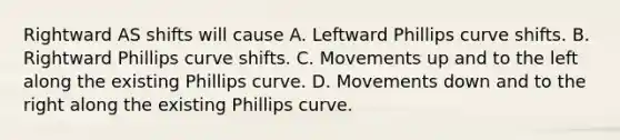 Rightward AS shifts will cause A. Leftward Phillips curve shifts. B. Rightward Phillips curve shifts. C. Movements up and to the left along the existing Phillips curve. D. Movements down and to the right along the existing Phillips curve.