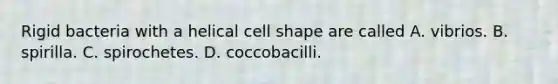 Rigid bacteria with a helical cell shape are called A. vibrios. B. spirilla. C. spirochetes. D. coccobacilli.