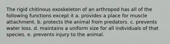 The rigid chitinous exoskeleton of an arthropod has all of the following functions except it a. provides a place for muscle attachment. b. protects the animal from predators. c. prevents water loss. d. maintains a uniform size for all individuals of that species. e. prevents injury to the animal.