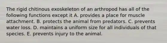 The rigid chitinous exoskeleton of an arthropod has all of the following functions except it A. provides a place for muscle attachment. B. protects the animal from predators. C. prevents water loss. D. maintains a uniform size for all individuals of that species. E. prevents injury to the animal.