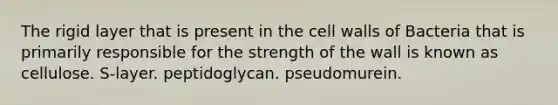 The rigid layer that is present in the cell walls of Bacteria that is primarily responsible for the strength of the wall is known as cellulose. S-layer. peptidoglycan. pseudomurein.