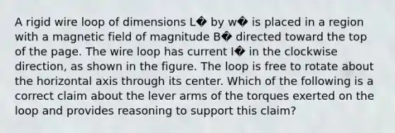 A rigid wire loop of dimensions L� by w� is placed in a region with a magnetic field of magnitude B� directed toward the top of the page. The wire loop has current I� in the clockwise direction, as shown in the figure. The loop is free to rotate about the horizontal axis through its center. Which of the following is a correct claim about the lever arms of the torques exerted on the loop and provides reasoning to support this claim?