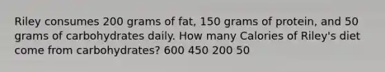 Riley consumes 200 grams of fat, 150 grams of protein, and 50 grams of carbohydrates daily. How many Calories of Riley's diet come from carbohydrates? 600 450 200 50