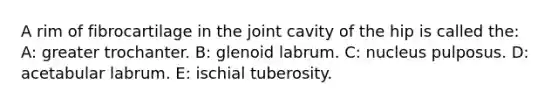 A rim of fibrocartilage in the joint cavity of the hip is called the: A: greater trochanter. B: glenoid labrum. C: nucleus pulposus. D: acetabular labrum. E: ischial tuberosity.