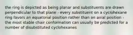 the ring is depicted as being planar and substituents are drawn perpendicular to that plane - every substituent on a cyclohexane ring favors an equatorial position rather than an axial position - the most stable chair conformation can usually be predicted for a number of disubstituted cyclohexanes